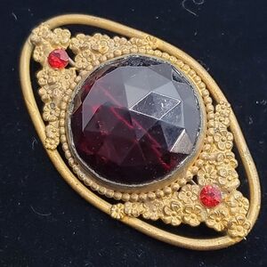Antique Floral Garnet Hexadrome Glass Sash Pin Brass 1920s Nouveau  Bohemian